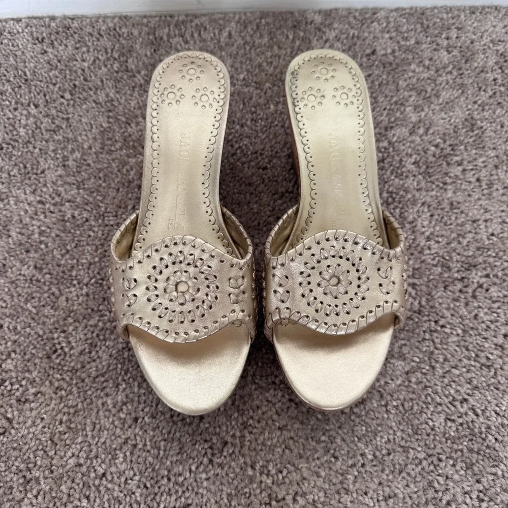 Jack Rogers Gold Leather Whipstitch Cork Wedge Sandals Womens 6.5 Platform Slide